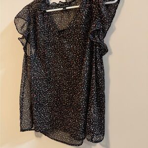 Sheer Flutter Sleeve Black Floral Print Blouse